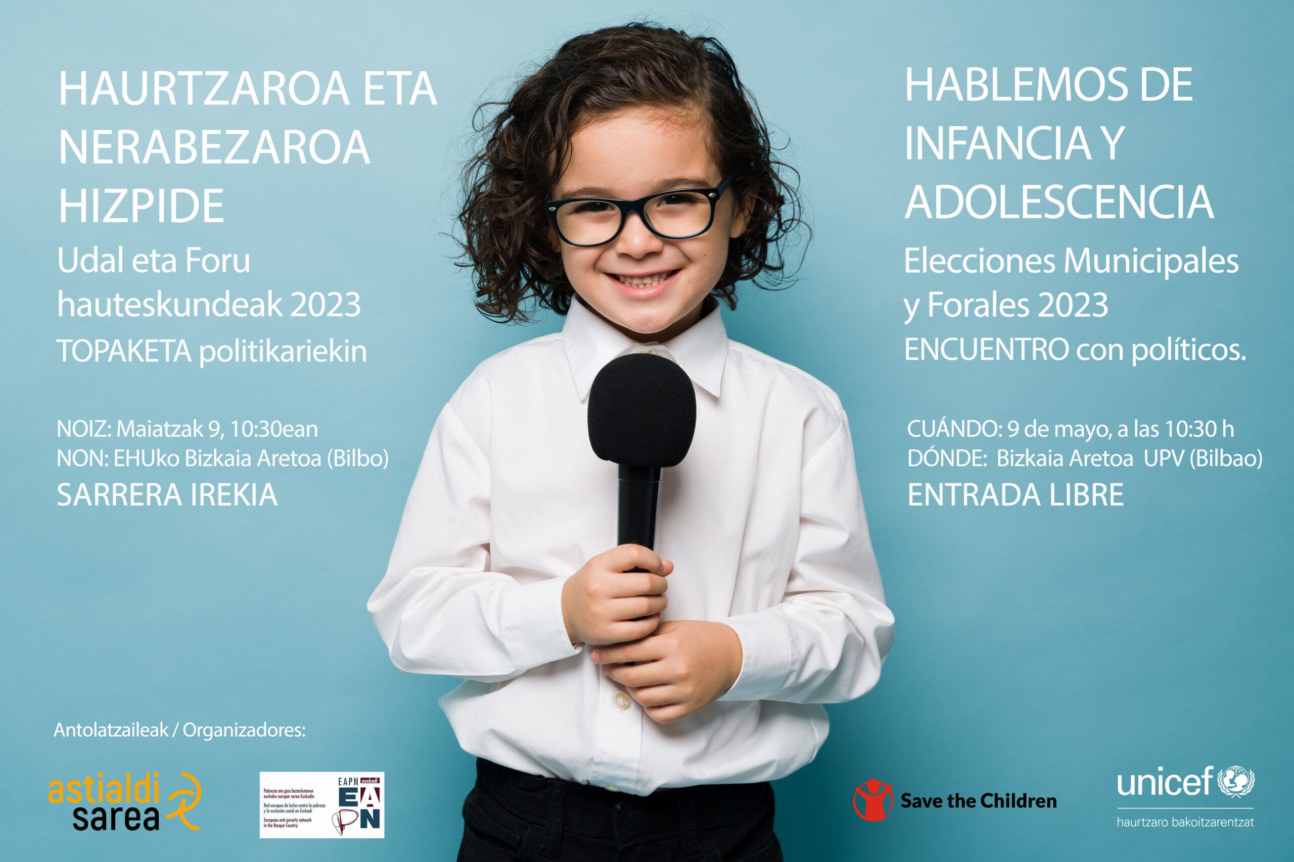 Cartel evento "Hablemos de infancia y adolescencia. Elecciones Municipales y Forales 2023"