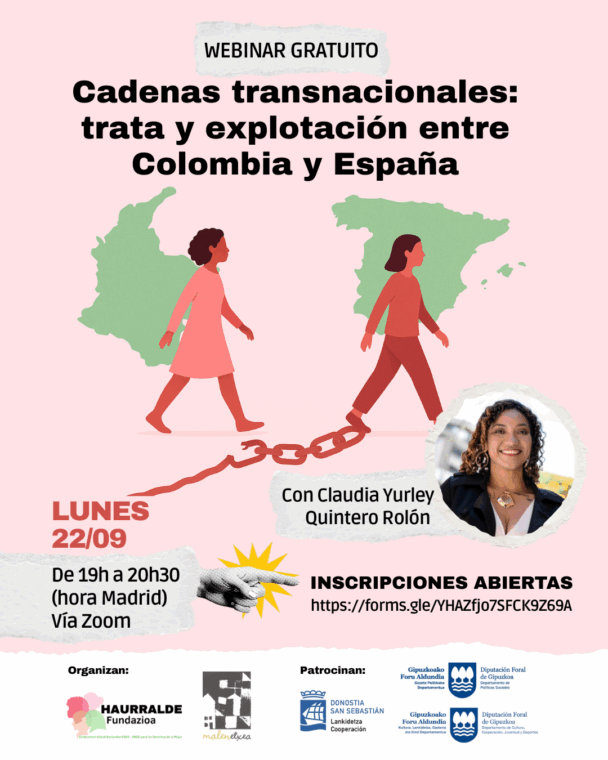 Cartel del webinar “Cadenas transnacionales: trata y explotación entre Colombia y España”, con Claudia Yurley Quintero Rolón. Lunes 22 de septiembre de 2025, de 19:00 a 20:30 (hora Madrid), vía Zoom.