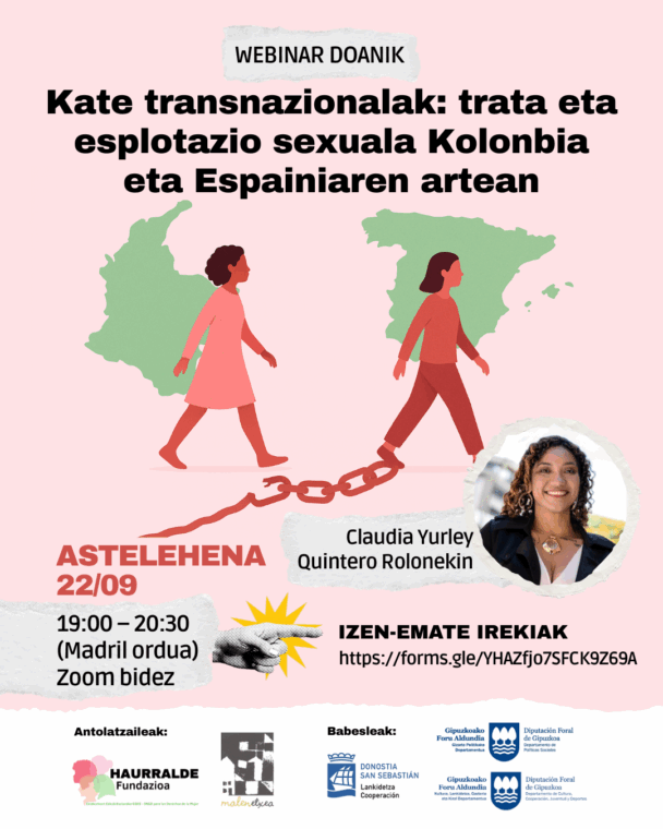 “Kate transnazionalak: trata eta esplotazioa Kolonbian eta Espainian” webinarreko kartela, Claudia Yurley Quintero Rolonekin. 2025eko irailaren 22a, astelehena, 19:00etatik 20:30era (Madril ordua), Zoom bidez.